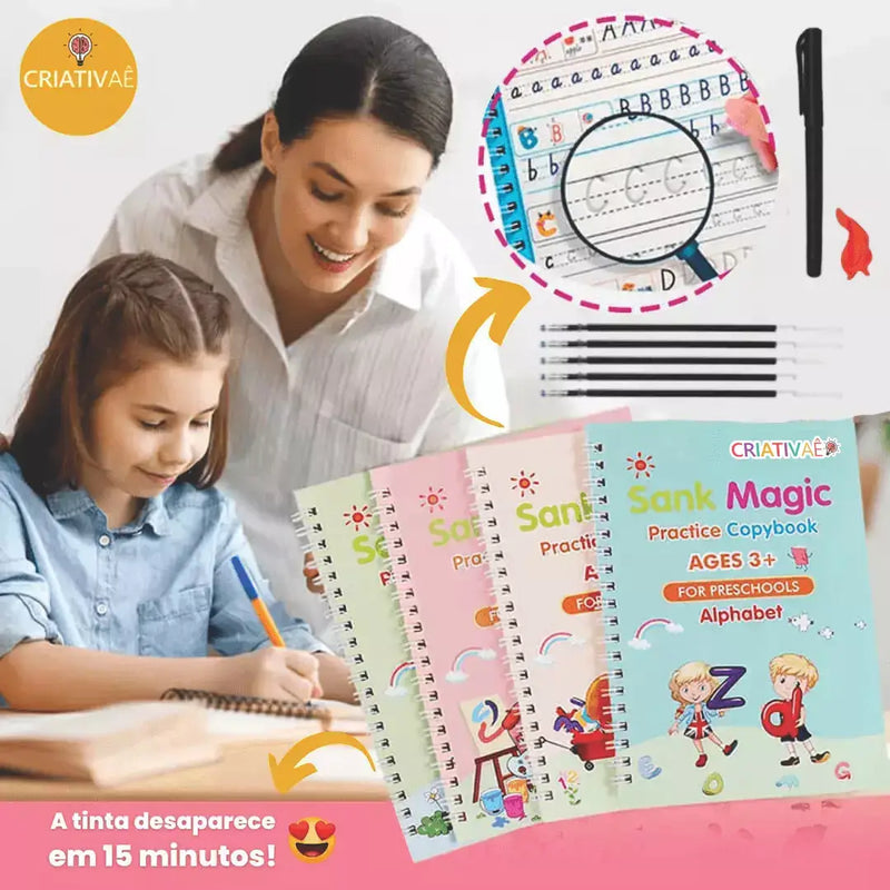KIT com 4 Cadernos de Caligrafia Mágicos Reutilizáveis
